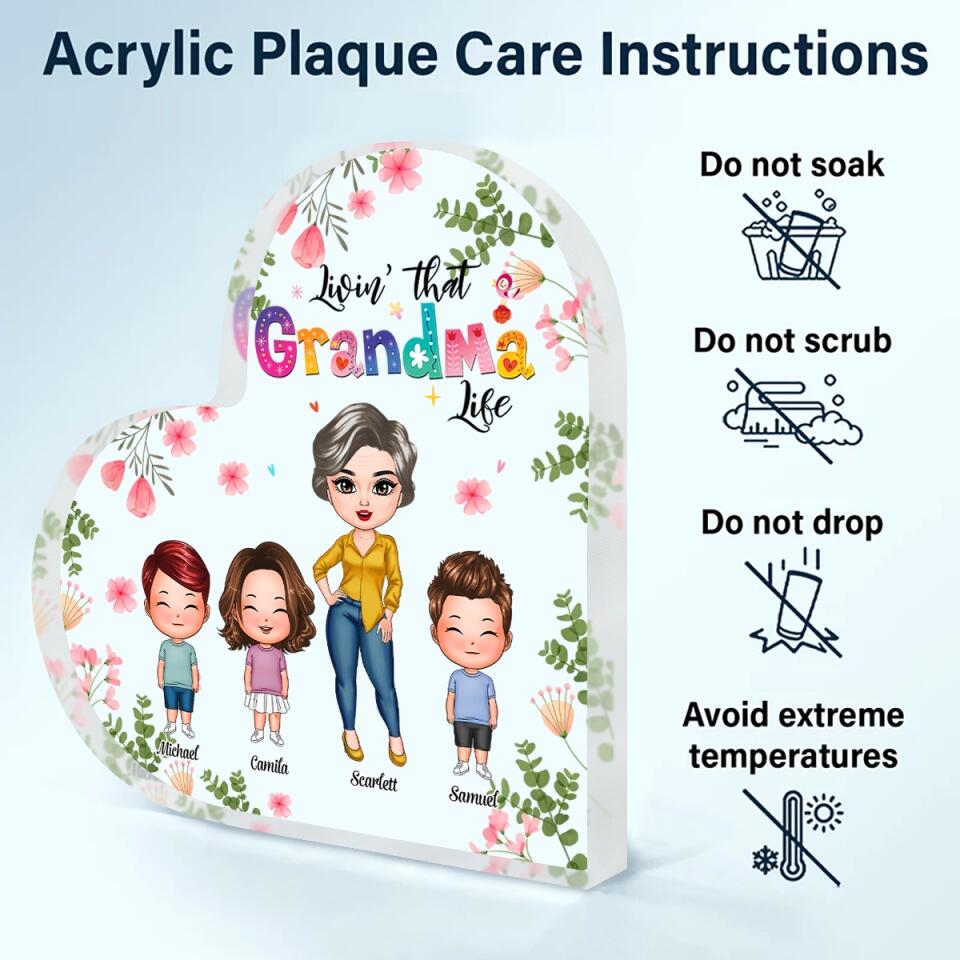 Personalized Heart-shaped Acrylic Plaque - Gift For Grandma - Living That Grandma Life ARND0014