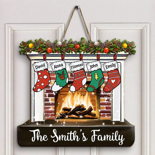 Merry Christmas Fireplace - Personalized Custom Door Sign - Christmas Gift For Mom, Dad, Grandma, Grandpa, Family Members