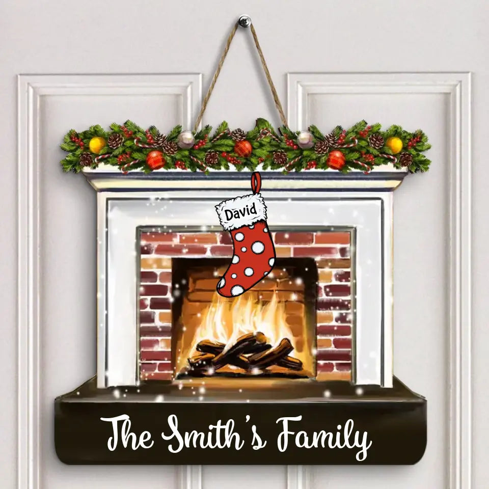 Merry Christmas Fireplace - Personalized Custom Door Sign - Christmas Gift For Mom, Dad, Grandma, Grandpa, Family Members