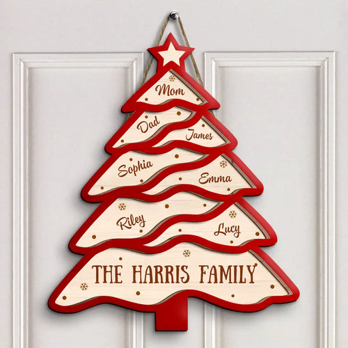 Family Red Chrismast Tree - Personalized Custom Door Sign - Christmas Gift For Grandma, Mom, Dad, Grandpa, Family Members