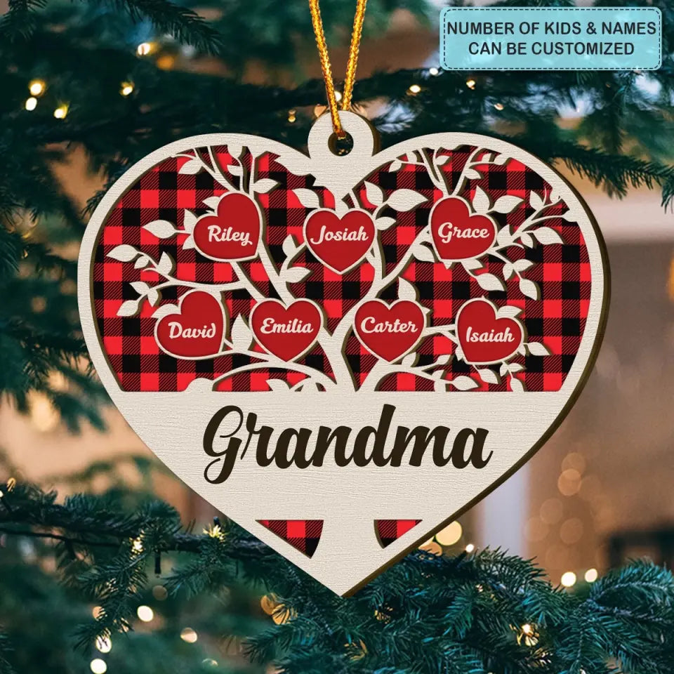 Family Tree Heart Grandkids - Personalized Custom Layer Wood Ornament - Christmas Gift For Grandma, Mom, Family Members