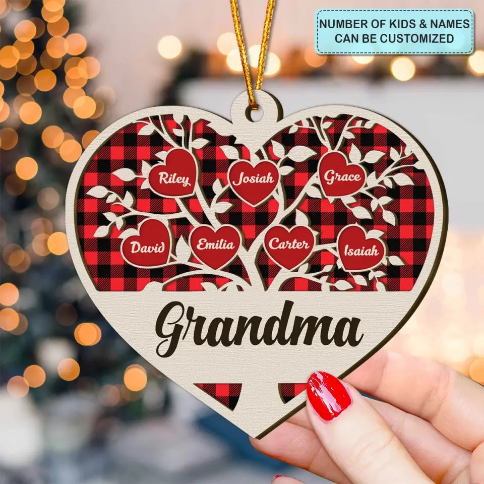 Family Tree Heart Grandkids - Personalized Custom Layer Wood Ornament - Christmas Gift For Grandma, Mom, Family Members