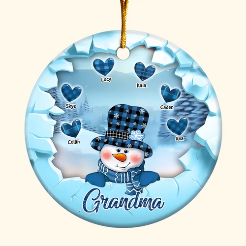 Snowman Grandma Mom Crack Pattern Heart Kids - Personalized Custom Ceramic Ornament - Christmas Gift For Grandma, Mom, Family Members