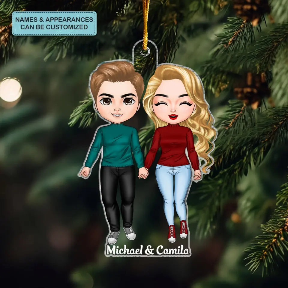 Young Couple Standing Chibi Ornament - Personalized Custom Mica Ornament - Christmas Gift For Couple, Husband, Wife, Family Members CLA0DM016