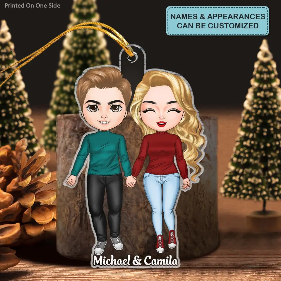 Young Couple Standing Chibi Ornament - Personalized Custom Mica Ornament - Christmas Gift For Couple, Husband, Wife, Family Members CLA0DM016