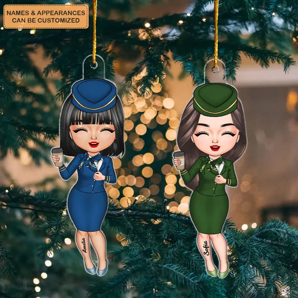 Flight Attendant Chibi Ornament - Personalized Custom Mica Ornament - Christmas Gift For Flight Attendant, Family Members CLA0DM010