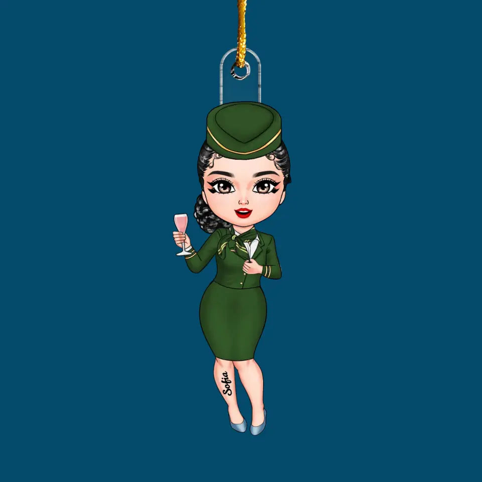 Flight Attendant Chibi Ornament - Personalized Custom Mica Ornament - Christmas Gift For Flight Attendant, Family Members CLA0DM010