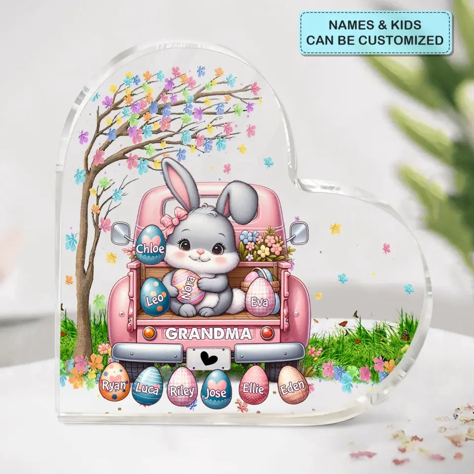 Bunny With Easter Egg Grandkids - Personalized Custom Heart-shaped Acrylic Plaque - Easter, Mother's Day Gift For Grandma, Mom
