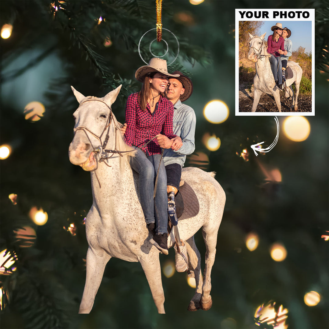 Cowboy Romance - Personalized Photo Mica Ornament - Christmas Gift For Couple Members, Horse Lovers