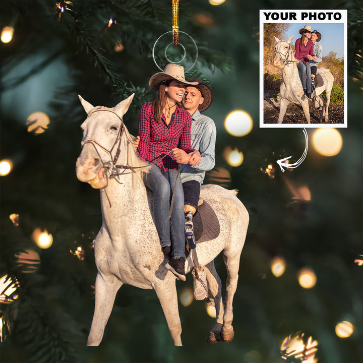 Cowboy Romance - Personalized Photo Mica Ornament - Christmas Gift For Couple Members, Horse Lovers