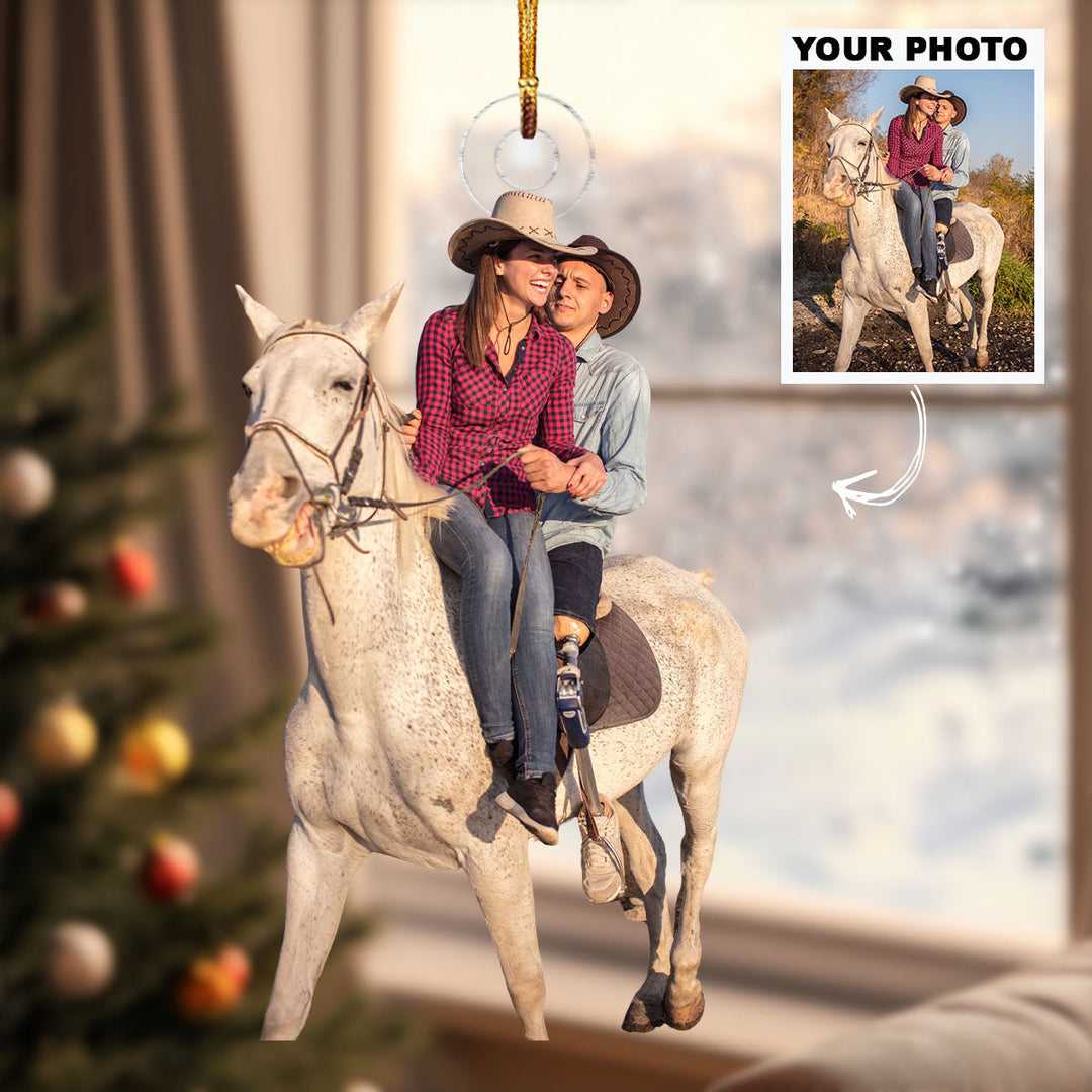 Cowboy Romance - Personalized Photo Mica Ornament - Christmas Gift For Couple Members, Horse Lovers