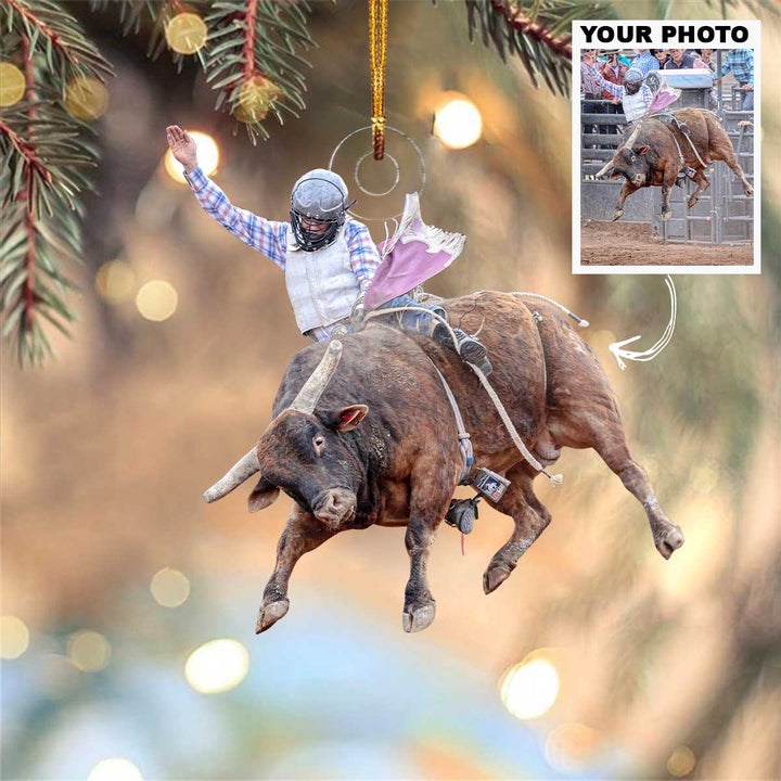 Burning Rodeo Spirits - Personalized Photo Mica Ornament - Christmas Gift For Rodeo Lovers, Bull Riding Lovers