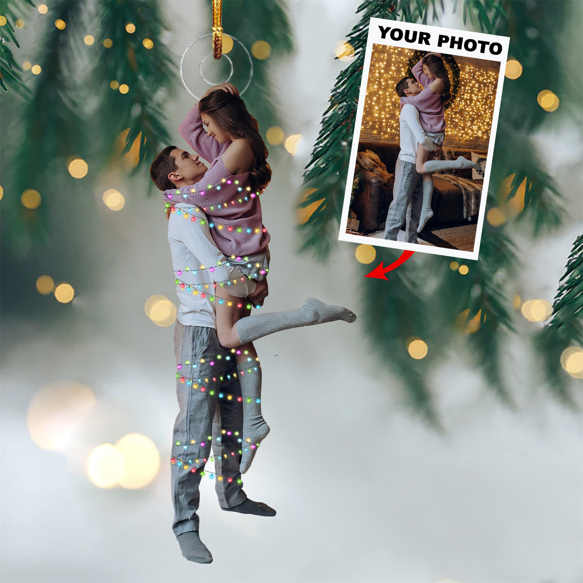 Family With Christmas Lights - Custom Photo Mica Ornament - Christmas, Birthday Gift For Family Members, Couple, Friends, Besties UPL0PD028