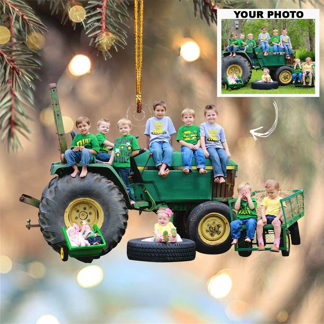 Customized Photo Ornament Family Photo With Tractor - Personalized Photo Mica Ornament - Christmas Gift For Family Members