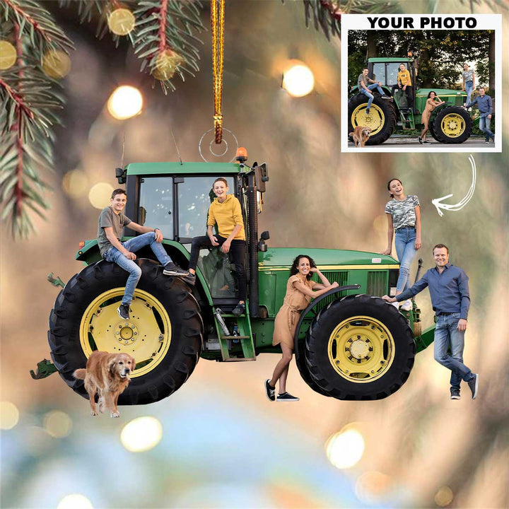 Customized Photo Ornament Family Photo With Tractor - Personalized Photo Mica Ornament - Christmas Gift For Family Members