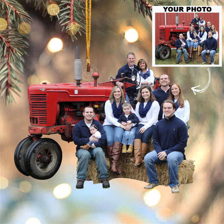 Customized Photo Ornament Family Photo With Tractor - Personalized Photo Mica Ornament - Christmas Gift For Family Members