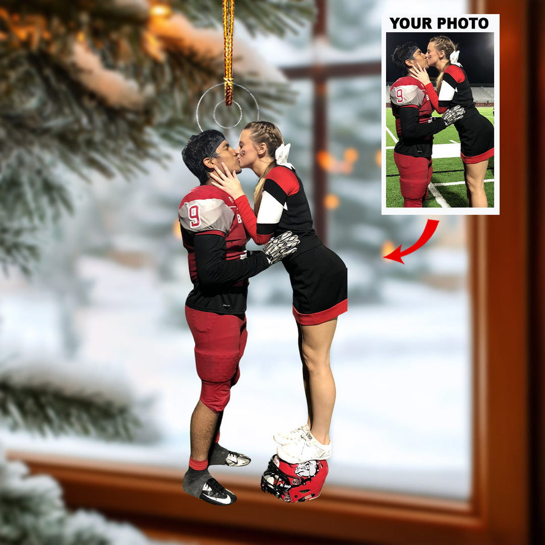 Football Cheerleader Couple Kiss - Personalized Photo Mica Ornament - Gift For Family Members