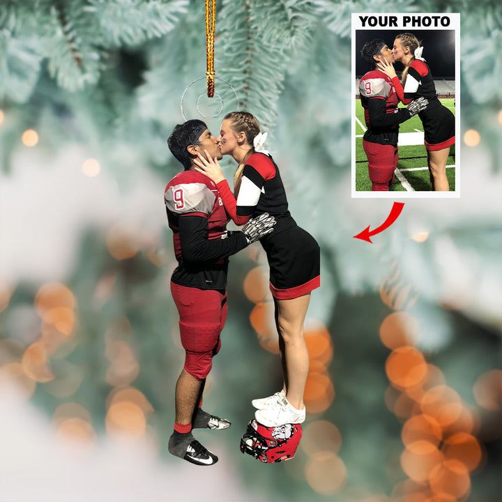Football Cheerleader Couple Kiss - Personalized Photo Mica Ornament - Gift For Family Members
