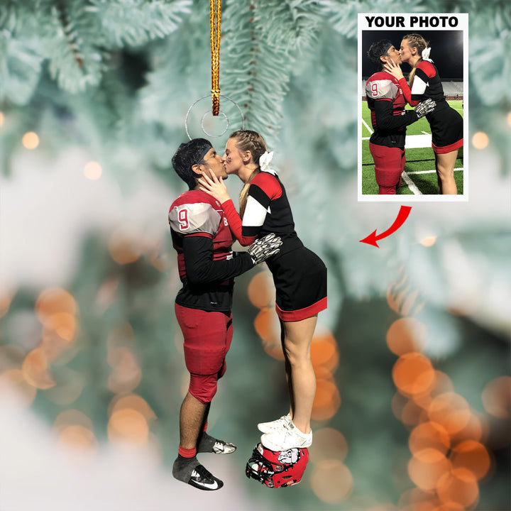 Football Cheerleader Couple Kiss - Personalized Photo Mica Ornament - Gift For Family Members