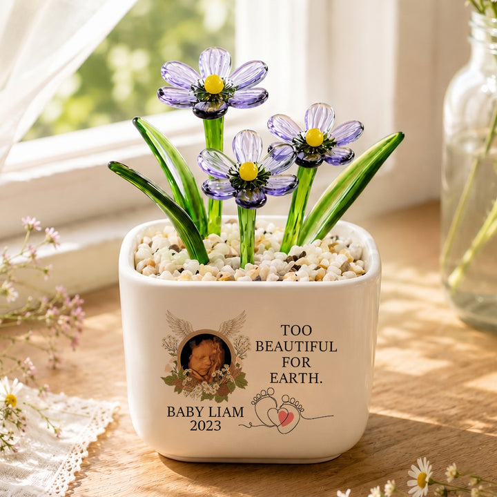 Too beautiful for Earth - Personalized Baby Memorial Flower Pot - Gift For Family Members
