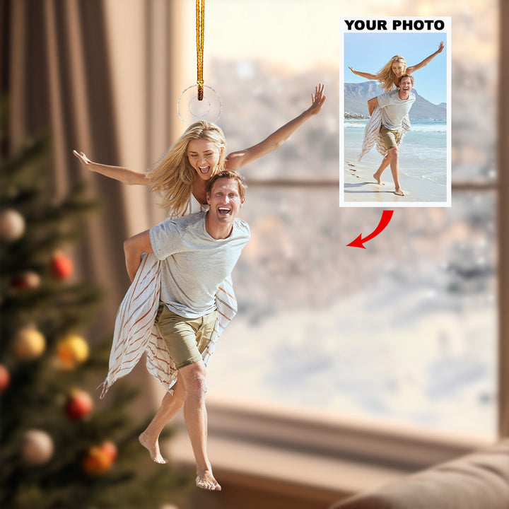 Couple On The Beach - Personalized Photo Mica Ornament - Christmas Gift For Couple, Wedding Couple, Newlywed, Wife, Husband