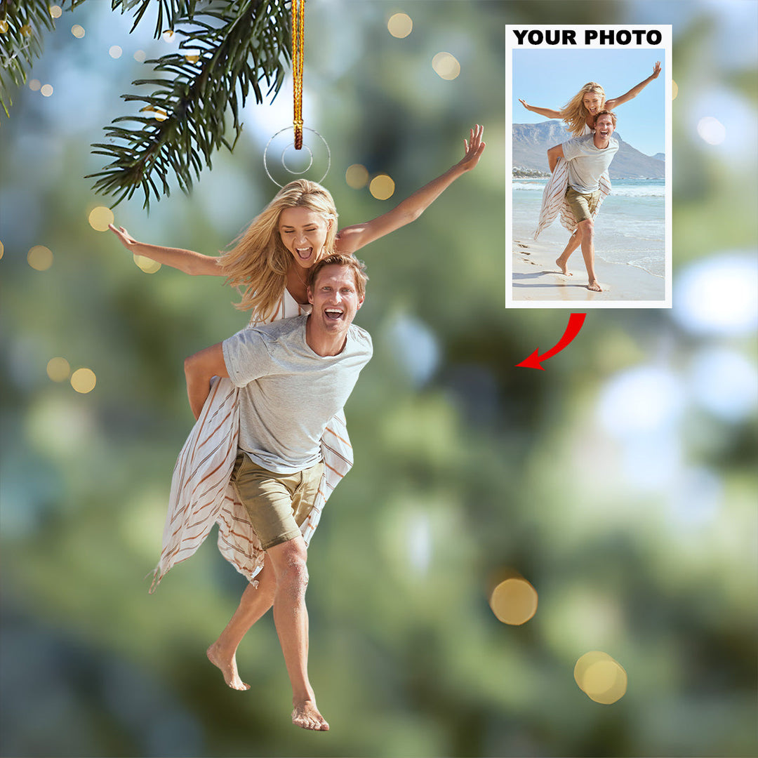 Couple On The Beach - Personalized Photo Mica Ornament - Christmas Gift For Couple, Wedding Couple, Newlywed, Wife, Husband