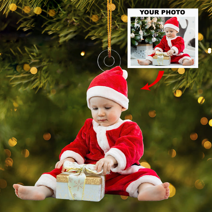 Cute Baby With Present - Personalized Photo Mica Ornament - Christmas Gift For Baby, Family Members