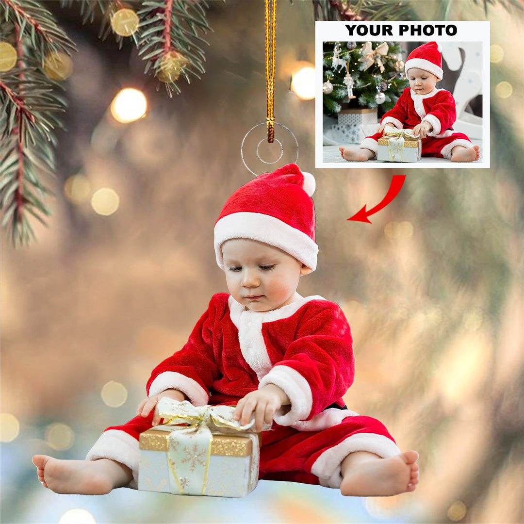 Cute Baby With Present - Personalized Photo Mica Ornament - Christmas Gift For Baby, Family Members