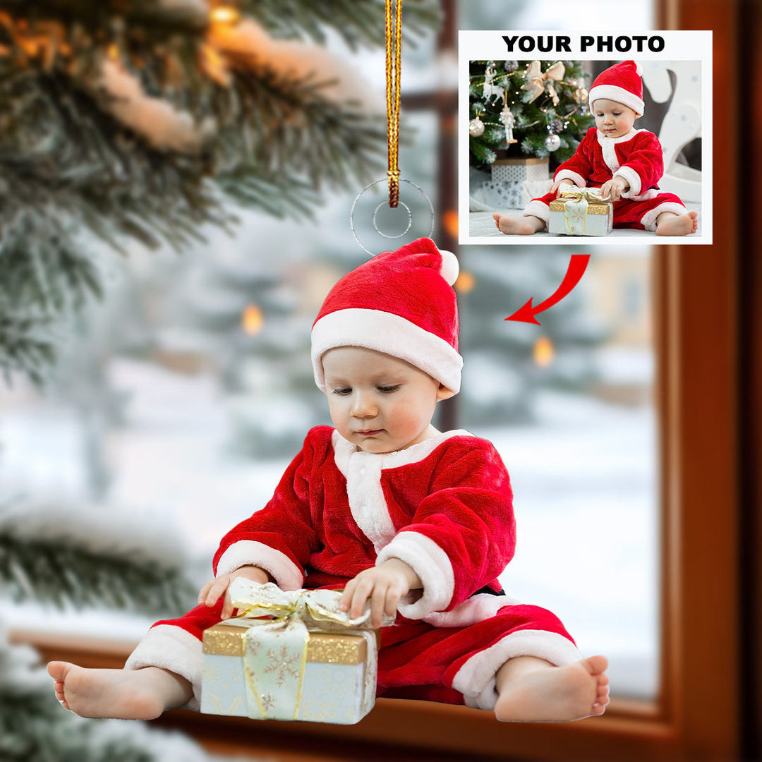 Cute Baby With Present - Personalized Photo Mica Ornament - Christmas Gift For Baby, Family Members