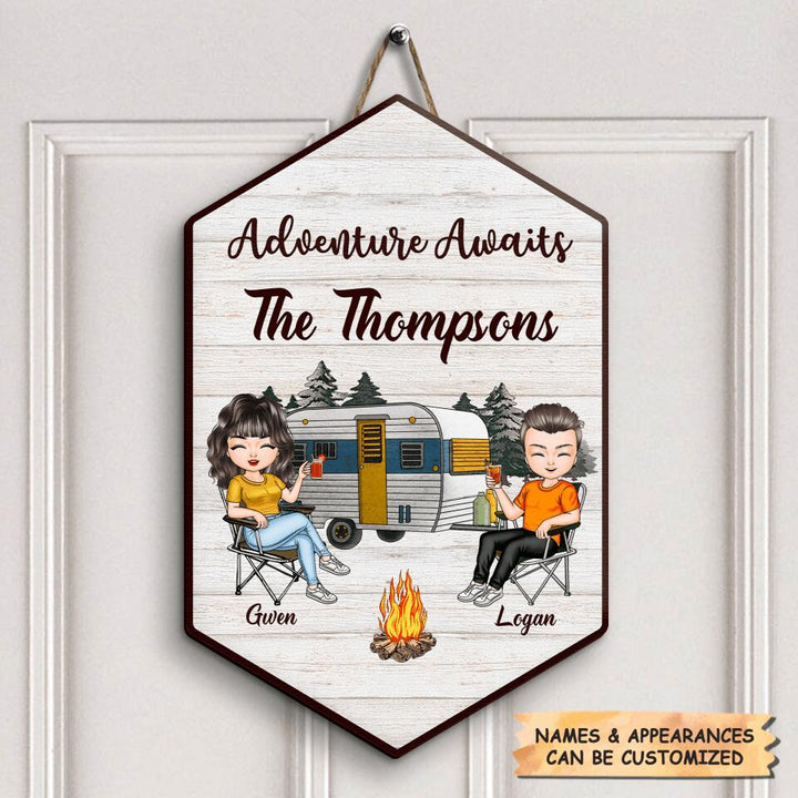 Personalized Door Sign - Gift For Camping Lover - Adventure Awaits