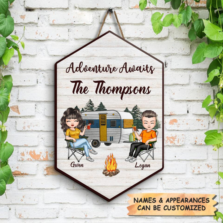 Personalized Door Sign - Gift For Camping Lover - Adventure Awaits