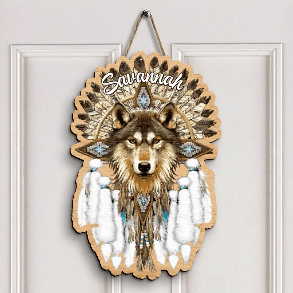 Personalized Door Sign - Gift For Native American - Native Wolf