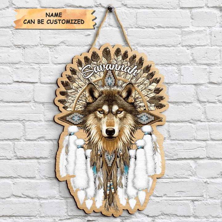 Personalized Door Sign - Gift For Native American - Native Wolf