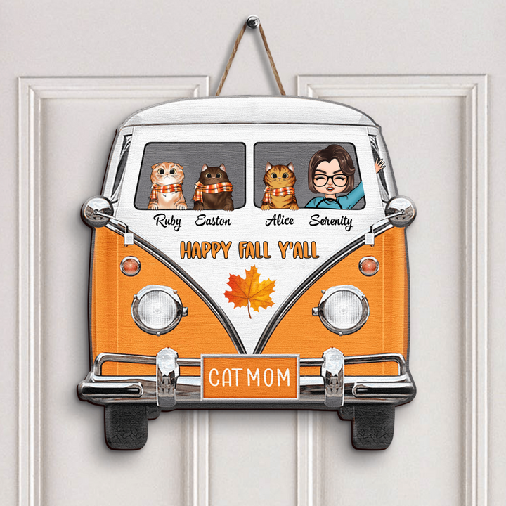 Personalized Door Sign - Gift For Cat Lover - Happy Fall Y'all Hippie Car
