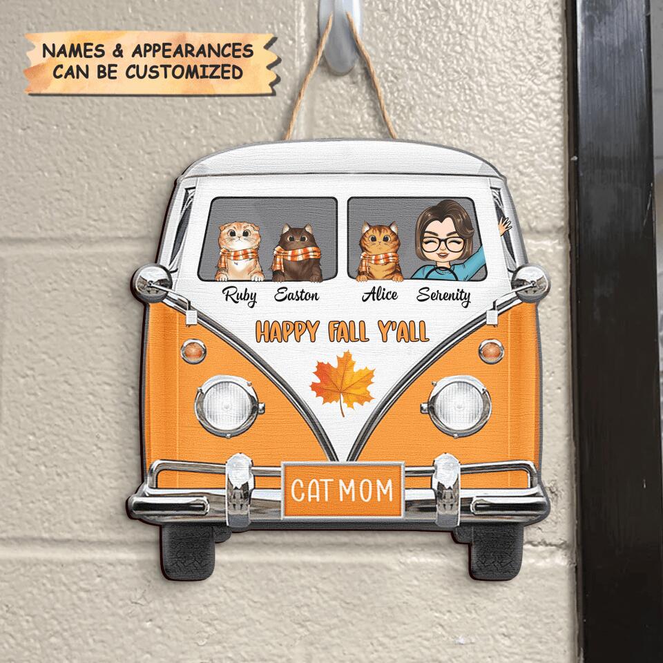 Personalized Door Sign - Gift For Cat Lover - Happy Fall Y'all Hippie Car