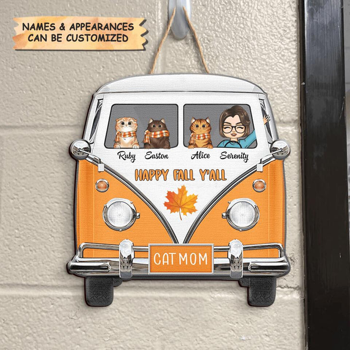 Personalized Door Sign - Gift For Cat Lover - Happy Fall Y'all Hippie Car