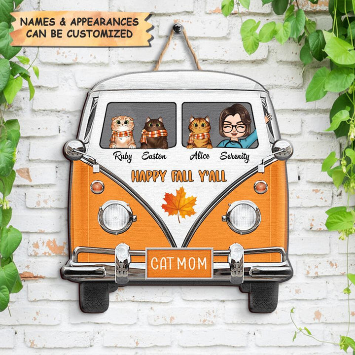 Personalized Door Sign - Gift For Cat Lover - Happy Fall Y'all Hippie Car