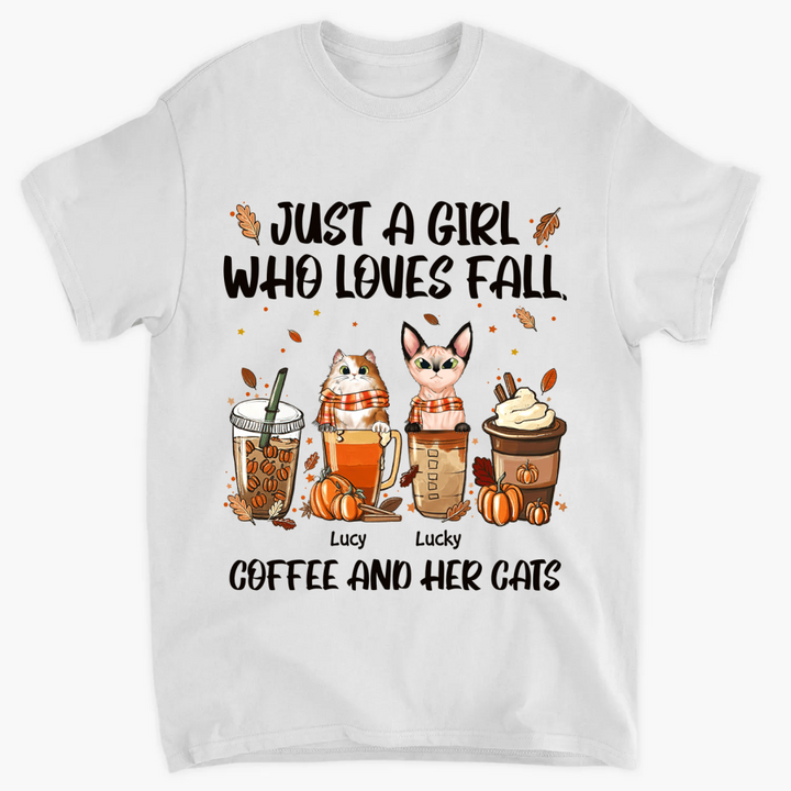 Personalized T-shirt - Gift For Cat Lover - Just A Girl Who Loves Fall Coffee And Her Cats