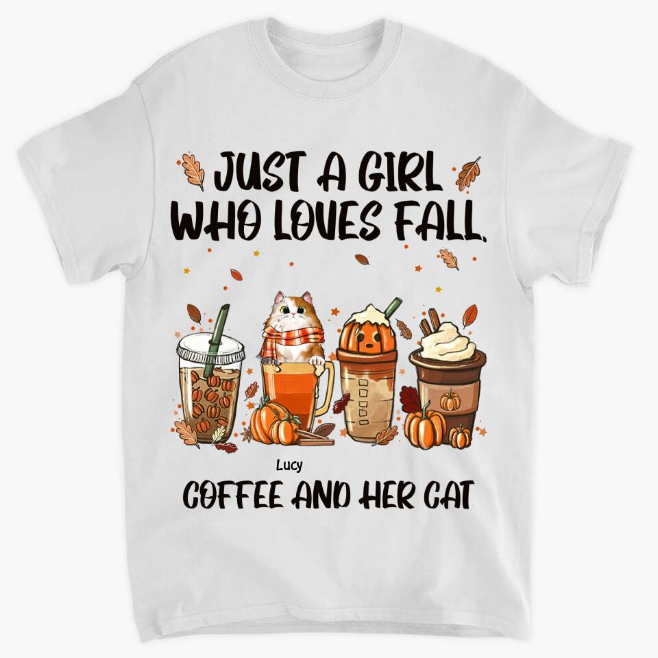 Personalized T-shirt - Gift For Cat Lover - Just A Girl Who Loves Fall Coffee And Her Cats