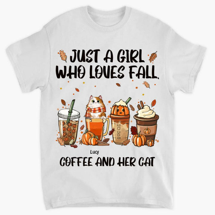 Personalized T-shirt - Gift For Cat Lover - Just A Girl Who Loves Fall Coffee And Her Cats
