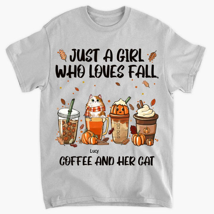 Personalized T-shirt - Gift For Cat Lover - Just A Girl Who Loves Fall Coffee And Her Cats