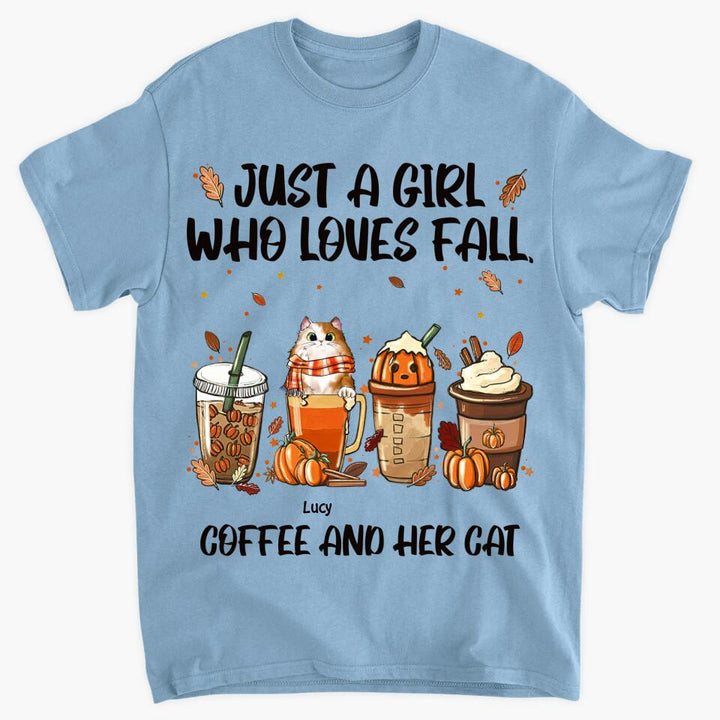 Personalized T-shirt - Gift For Cat Lover - Just A Girl Who Loves Fall Coffee And Her Cats