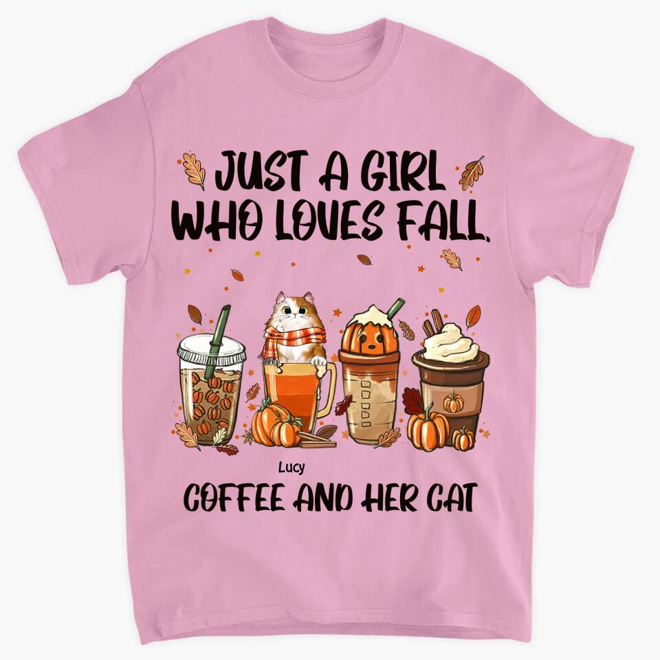 Personalized T-shirt - Gift For Cat Lover - Just A Girl Who Loves Fall Coffee And Her Cats