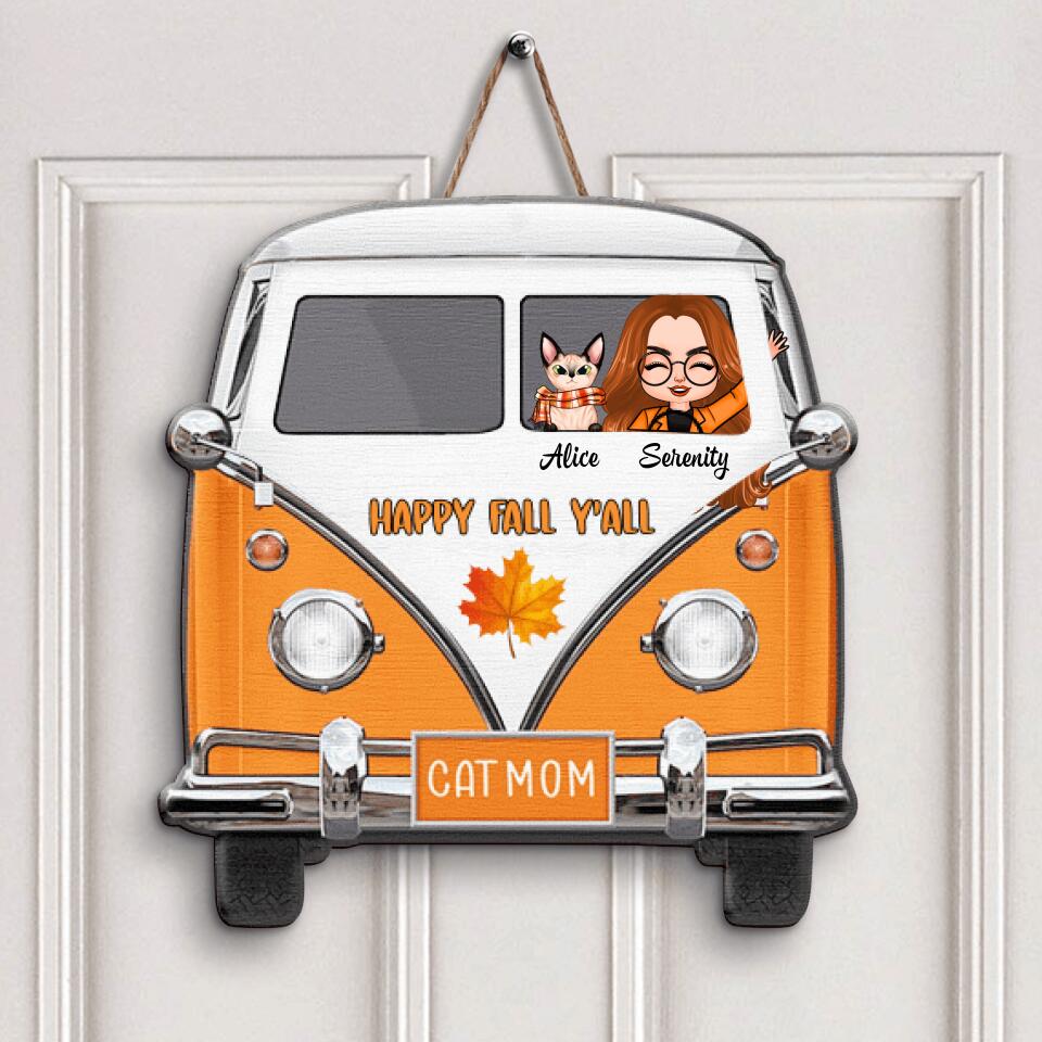 Personalized Door Sign - Gift For Cat Lover - Happy Fall Y'all Hippie Car