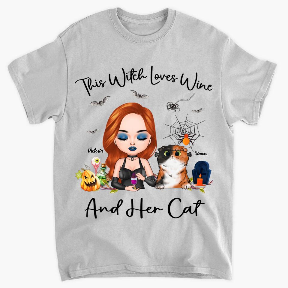 Personalized T-shirt - Gift For Cat Lover - This Witch Loves Wine And Her Cat