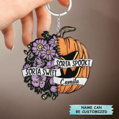 Personalized Keychain - Gift For Family Member - Flower Pumpkin Halloween