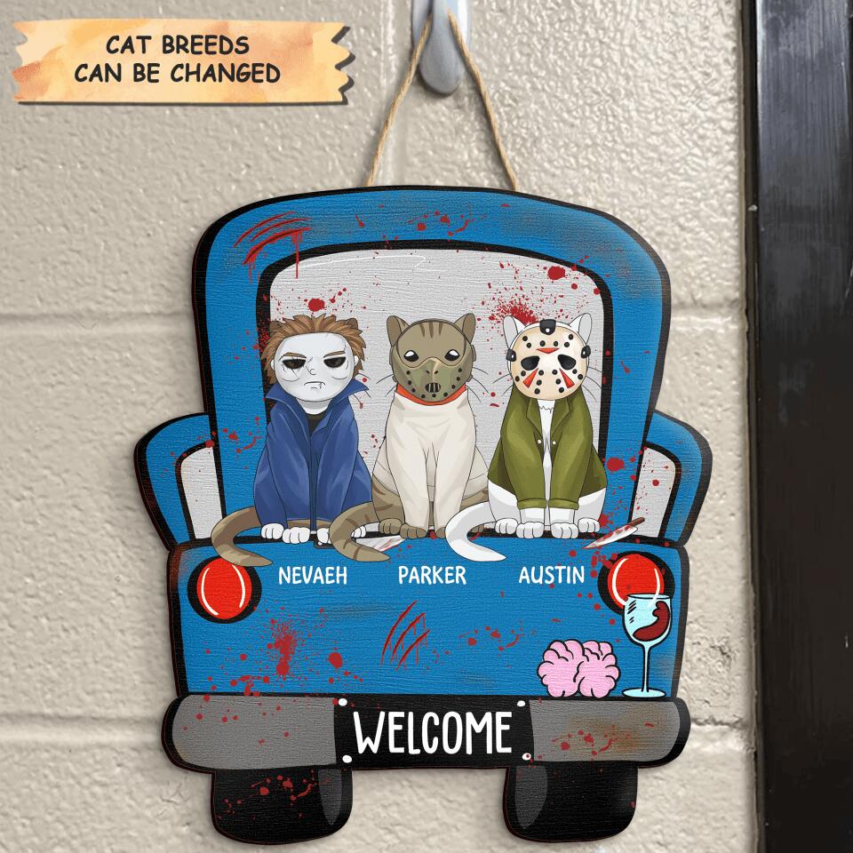 Personalized Door Sign - Gift For Cat Lover - Halloween Cat Car