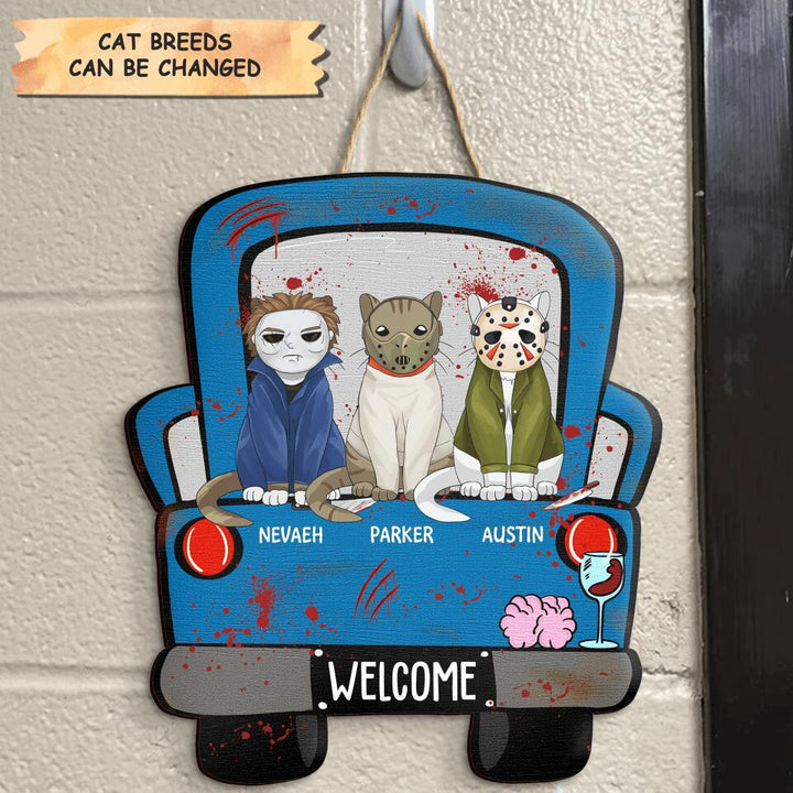 Personalized Door Sign - Gift For Cat Lover - Halloween Cat Car
