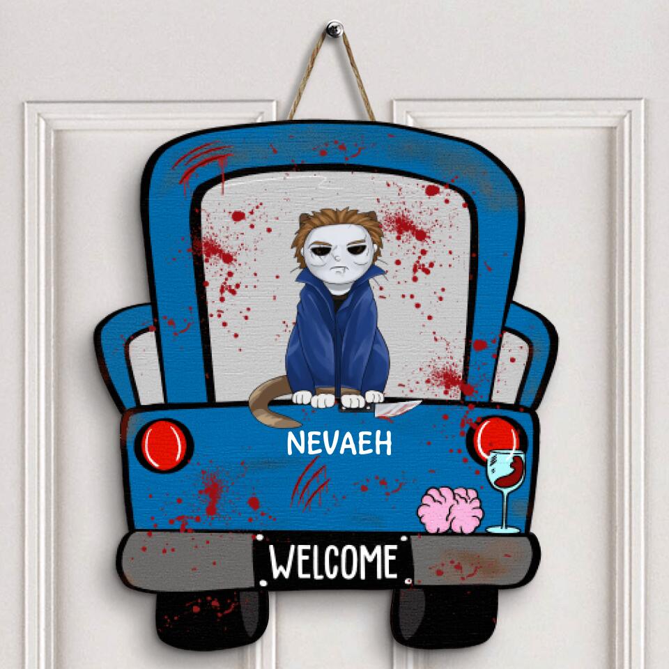 Personalized Door Sign - Gift For Cat Lover - Halloween Cat Car