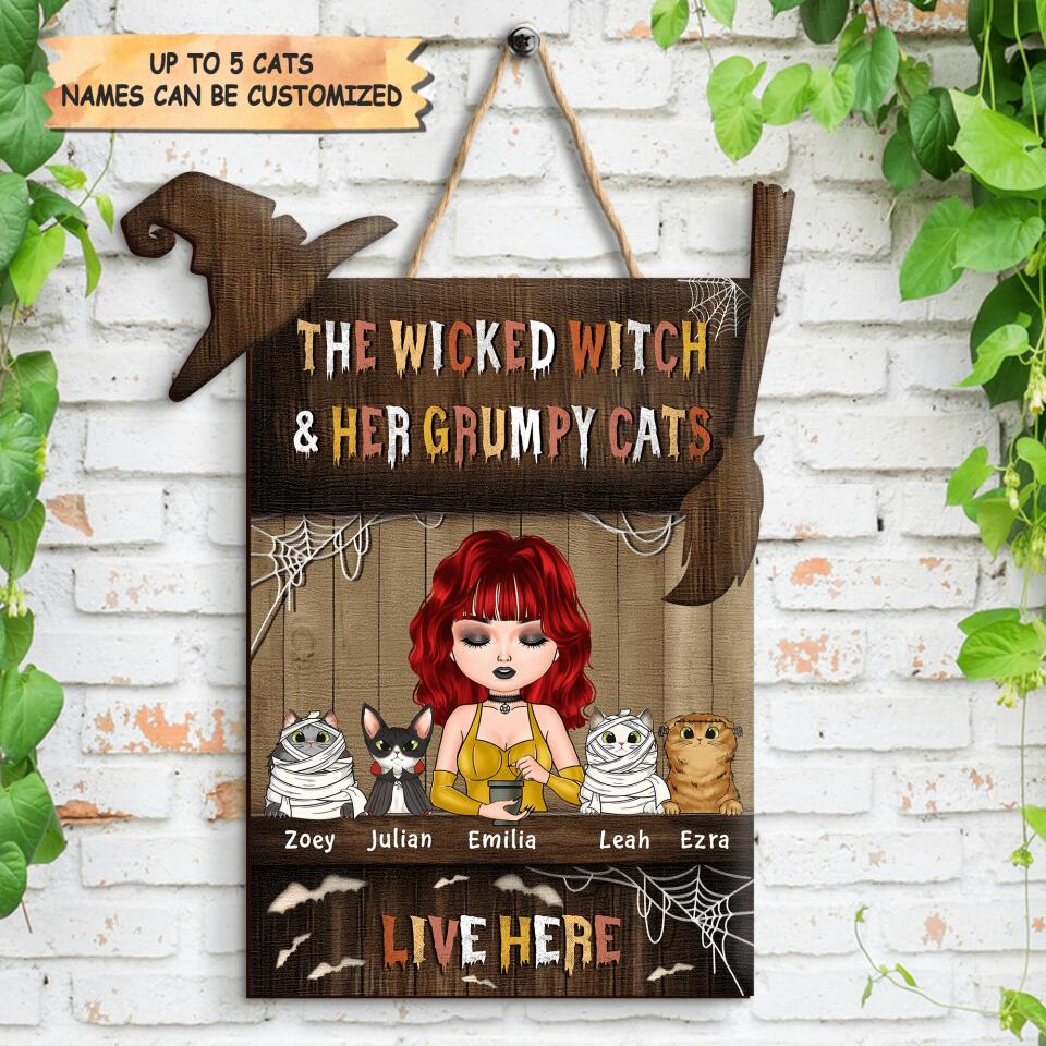 Personalized Door Sign - Gift For Cat Lover - The Wicked Witch And Her Grumpy Cats